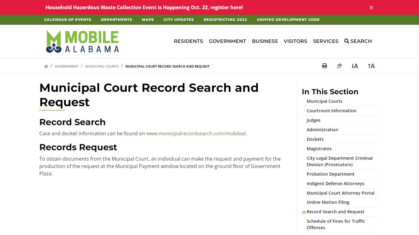 Municipal Court Record Search and Request - Mobile, Alabama